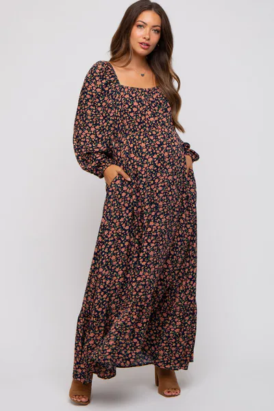 PinkBlush Navy Blue Floral Square Neck Ruffle Maternity Maxi Dress