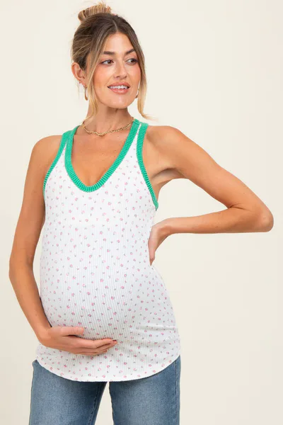PinkBlush Green Floral Ribbed Contrast Trim Maternity Tank Top