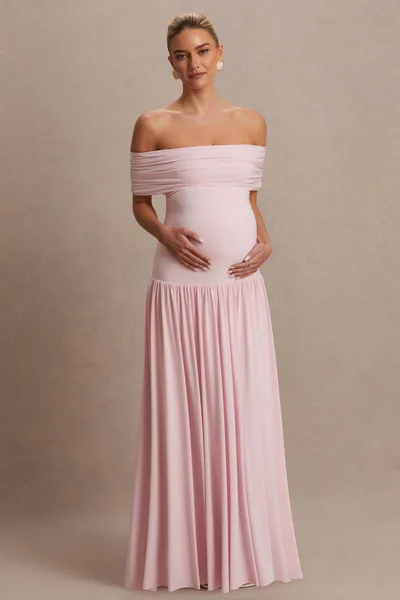 Club L London Juliette | Blush Pink Bardot-Neck Maternity Maxi Dress With Drop-Waist
