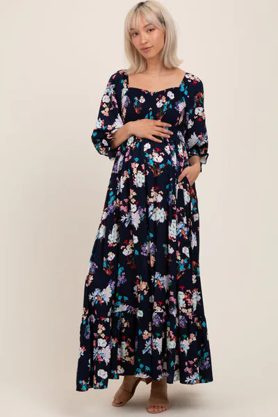PinkBlush Navy Floral Sweetheart Puff Sleeve Maternity Maxi Dress