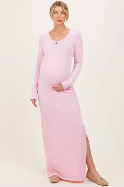 PinkBlush Light Pink Ribbed Long Sleeve Side Slit Maternity Maxi Dress