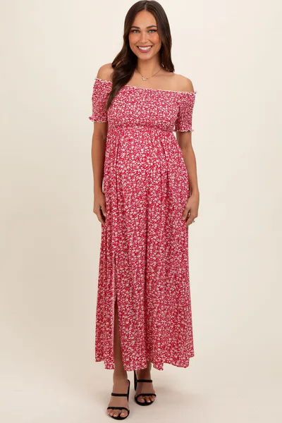 PinkBlush Red Floral Smocked Fitted Sleeve Side Slit Maternity Maxi Dress