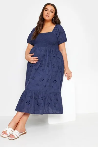 Yours Clothing BUMP IT UP MATERNITY Navy Blue Cotton Broderie Midi Dress