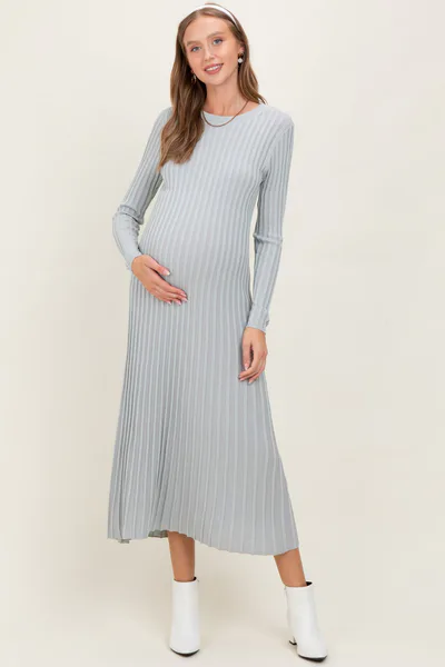 PinkBlush Grey Ribbed Long Sleeve Maternity Sweater Midi Dress