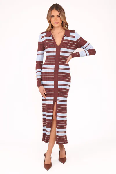 Petal & Pup Eliana Long Sleeve Midi Dress - Brown Blue Stripe