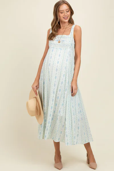 PinkBlush Light Blue Cotton Floral Square Neck Sleeveless Maternity Maxi Dress