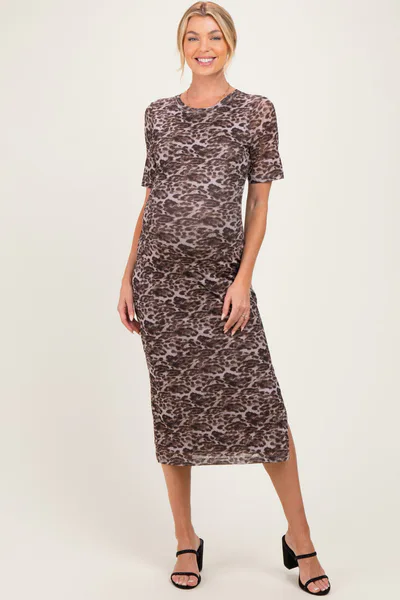 PinkBlush Brown Animal Print Mesh Maternity Midi Dress