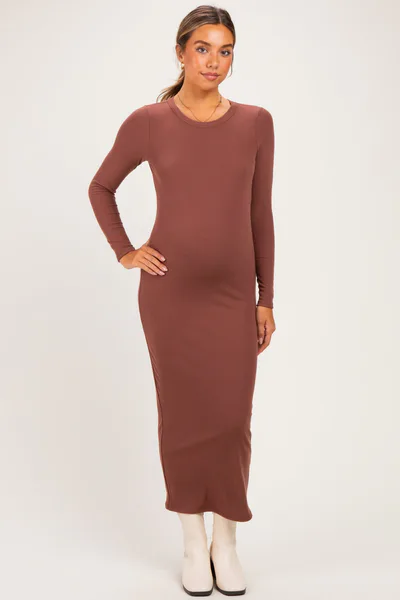 PinkBlush Red Brown Ribbed Fitted Long Sleeve Maternity Midi Dress