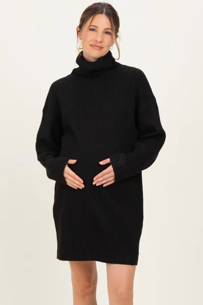 PinkBlush Black Turtleneck Chunky Knit Maternity Sweater Dress
