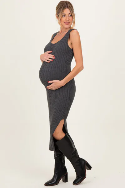 PinkBlush Charcoal Cable Knit Sleeveless Maternity Midi Dress