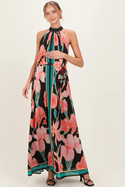 PinkBlush Black Floral Halter Maternity Maxi Dress