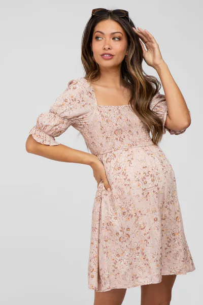 PinkBlush Pink Floral Smocked Square Neck Puff Sleeve Maternity Dress