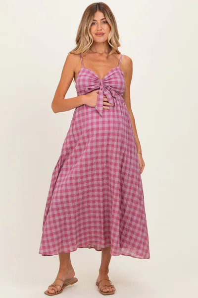 PinkBlush Pink Plaid Front Tie Sleeveless Maternity Maxi Dress