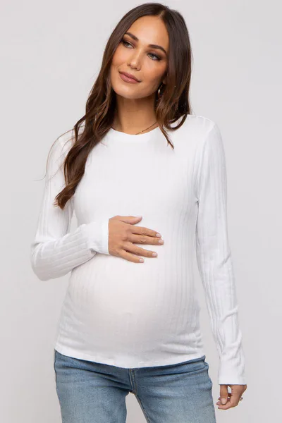 PinkBlush Ivory Ribbed Long Sleeve Maternity Top
