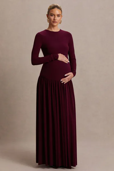 Club L London Monroe | Burgundy Crew-Neck Maternity Maxi Dress With Drop-Waist