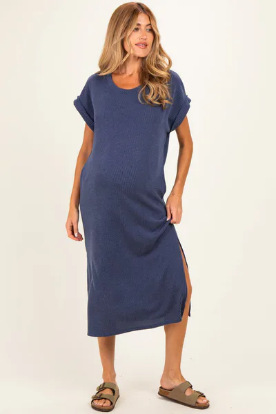 PinkBlush Navy Short Sleeve Ribbed Maternity Maxi Dress