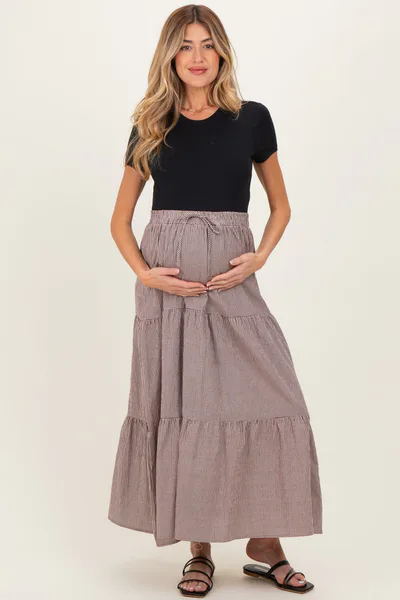 PinkBlush Brown Gingham Tiered Maternity Maxi Skirt