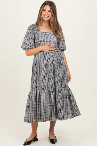 PinkBlush Black Plaid  Bubble Sleeve Maternity Dress