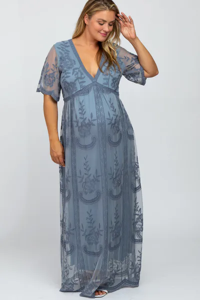 PinkBlush Blue Lace Mesh Overlay Maternity Plus Maxi Dress