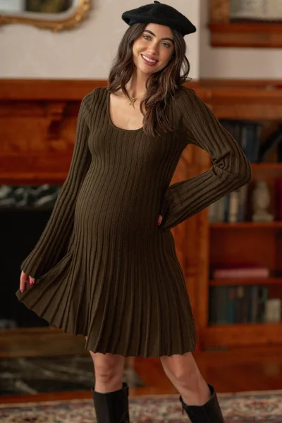 PinkBlush Brown Ribbed Knit Maternity Mini Sweater Dress