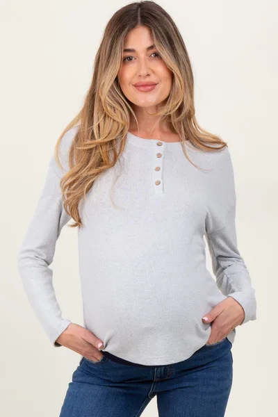 PinkBlush Light Grey Brushed Knit Henley Maternity Top