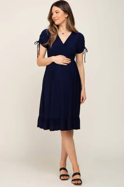 PinkBlush Navy Cinched Sleeve Maternity Midi Dress