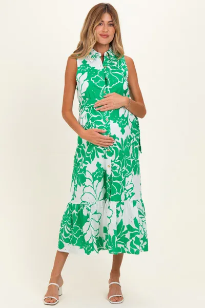 PinkBlush Green Floral Belted Sleeveless Maternity Shirt Dress