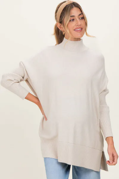 PinkBlush Cream Mock Neck Oversized Sir Slit Maternity Sweater Top
