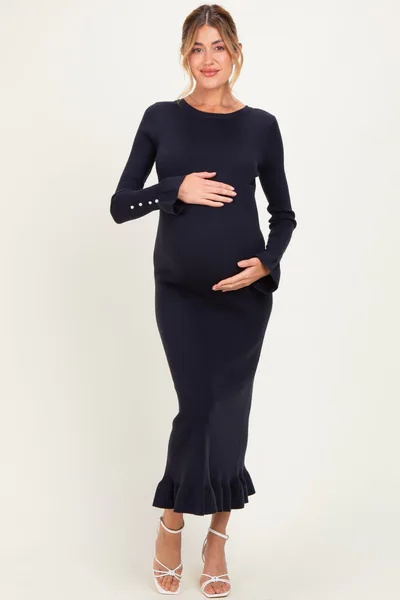 PinkBlush Navy Ribbed Knit Bow Back Maternity Maxi Dress