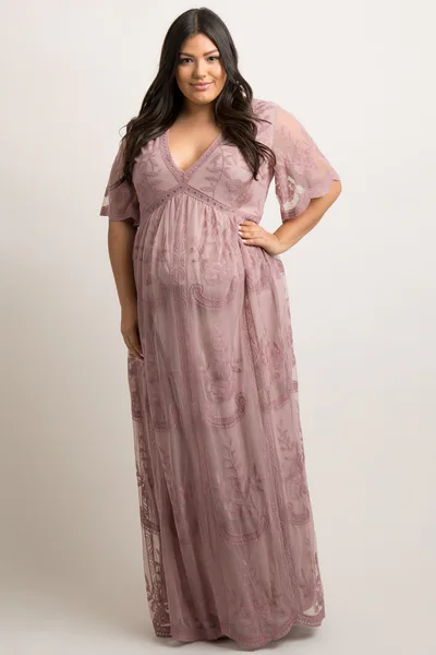 PinkBlush PinkBlush Mauve Lace Mesh Overlay Plus Maternity Maxi Dress