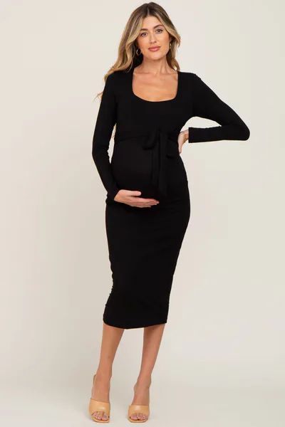 PinkBlush Black Basic Square Neck Maternity Midi Dress