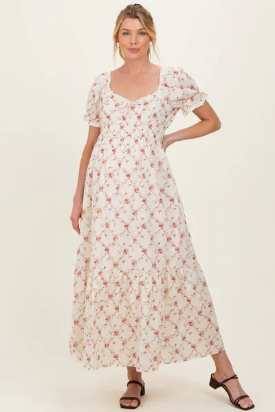 PinkBlush Red Floral Smocked Maternity Maxi Dress