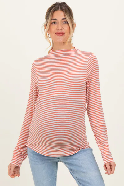 PinkBlush Rust Striped High Neck Maternity Long Sleeve Top