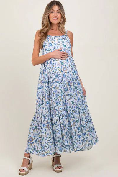 PinkBlush Blue Floral Sleeveless Tiered Maternity Maxi Dress