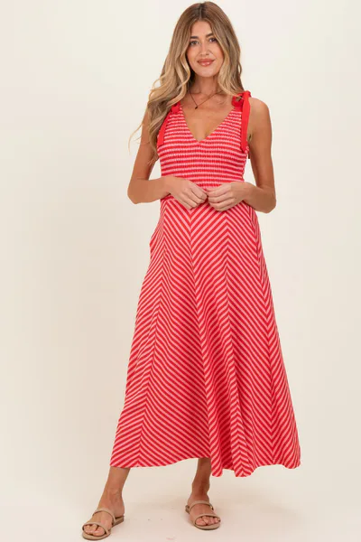PinkBlush Red Striped Smocked Shoulder Tie Maternity Midi Dress