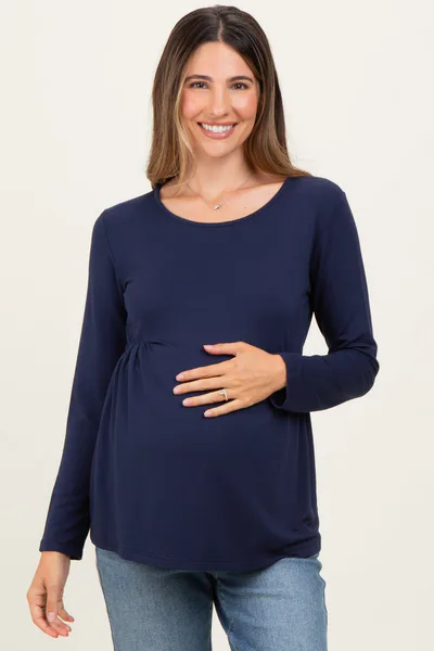 PinkBlush Navy French Terry Long Sleeve Scoop Neck Maternity Top