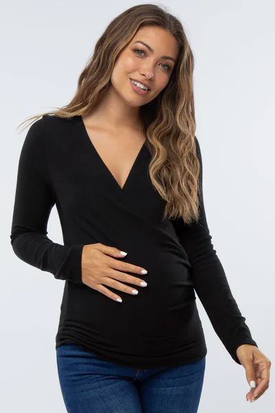 PinkBlush Black Brushed Knit Wrap Front Maternity Top