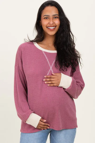 PinkBlush Burgundy Textured Rib Relaxed Fit Maternity Pullover Top