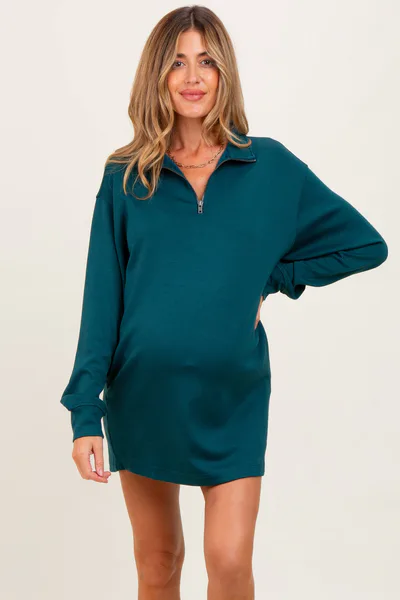 PinkBlush Forest Green Half Zip Long Sleeve Maternity Mini Dress