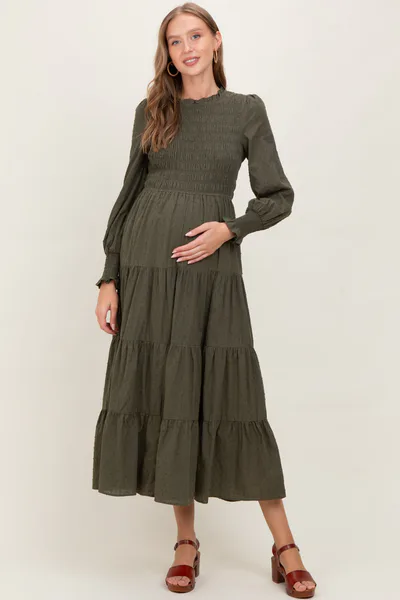 PinkBlush Olive Swiss Dot Smocked Tiered Maternity Maxi Dress
