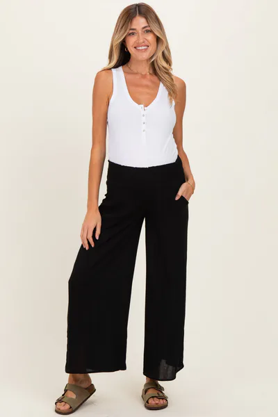 PinkBlush Black Smocked Waist Ankle Wide Leg Maternity Pants