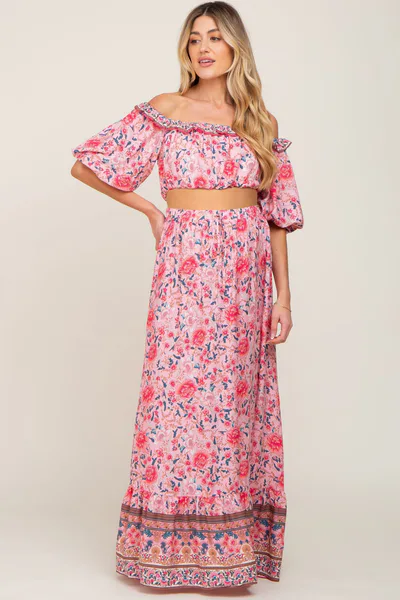 PinkBlush Pink Floral Off Shoulder Maternity Maxi Skirt Set
