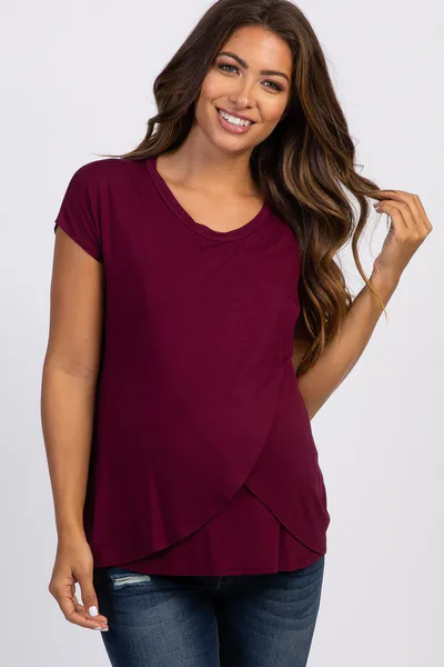 PinkBlush PinkBlush Burgundy Layered Wrap Front Maternity Nursing Top