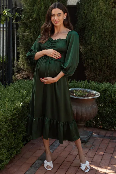 PinkBlush Green Satin Smocked Cinched Bust Maternity Midi Dress