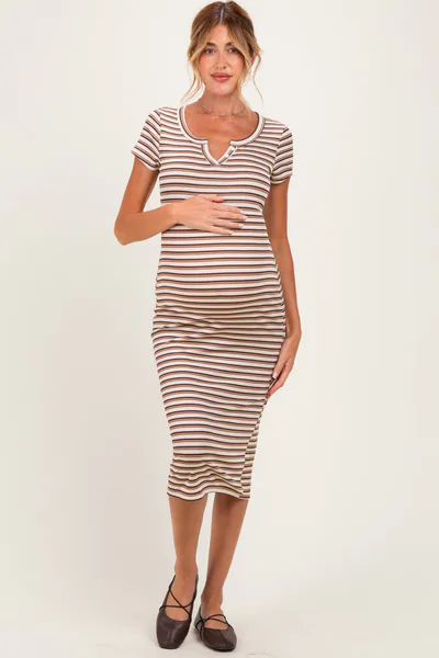 PinkBlush Ecru Striped Henley Maternity Midi Dress