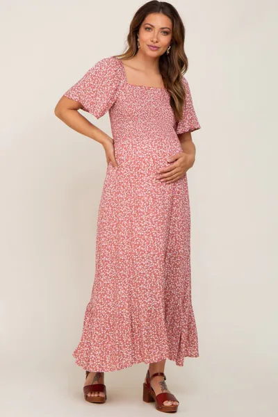 PinkBlush Mauve Floral Smocked Flounce Sleeve Maternity Maxi Dress