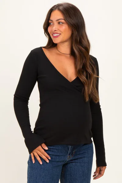 PinkBlush Black Fitted Long Sleeve Maternity Wrap/ Nursing Top