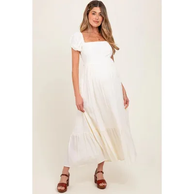 Target Pinkblush Ivory Ruffle Detail Square Neck Maternity Maxi Dress Large