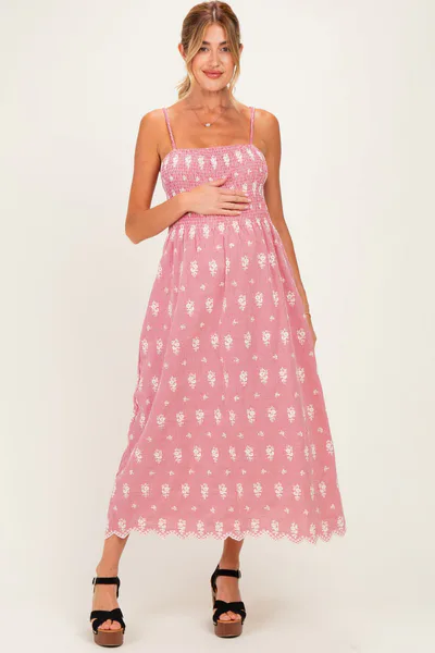 PinkBlush Red Embroidered Smocked Maternity Maxi Dress