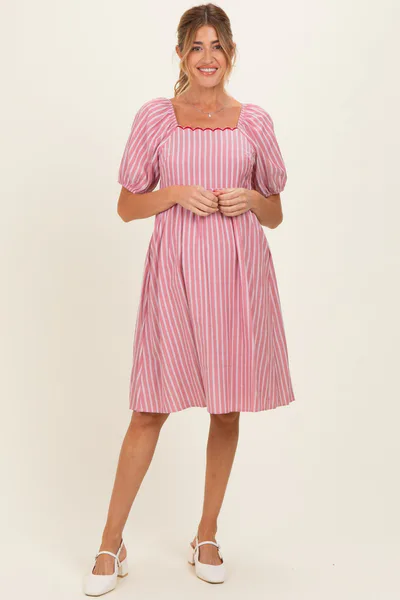 PinkBlush Red Gingham Square Neck Maternity Dress
